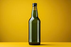Glass green beer bottle, beer maker mockup. photo