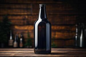 One bottle of dark beer is on the table. photo