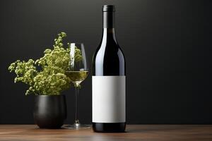 A bottle of wine with a white label on a black background. photo