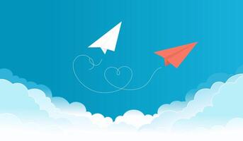 Valentine's Day greeting card in a paper art style, featuring a love concept with origami airplanes forming heart shapes in the clouds and a blue sky. illustration vector
