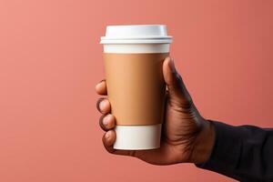 A man holds a paper cup for coffee in his hands, a mockup for manufacturers of branded cups for drinks. photo
