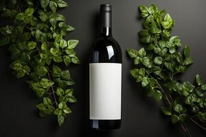A bottle of wine with a white label on a black background. photo