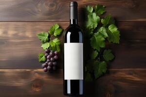 A bottle of wine with a white label on a black background. photo