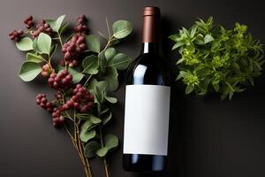 A bottle of wine with a white label on a black background. photo