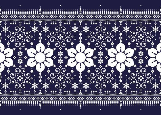 White geometric and floral ethnic fabric seamless pattern on dark blue background, design for cloth, carpet, batik, wallpaper, wrapping etc.