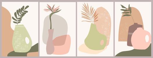 A set of abstract compositions with vases and plants. Simple trendy still lifes. vector