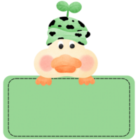 A message label, a name tag with a duck in a colored hat popping up in front of him, peeking at it. png
