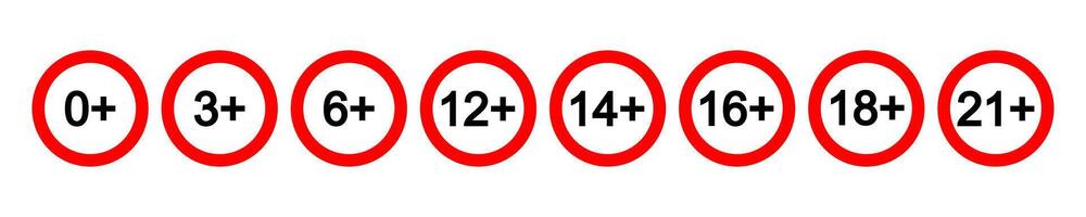 Numbers in circles with plus sign isolated on white background. Age censor symbol. Movie viewing or website visiting age limit marking. Kids allowed or adult only concept. vector