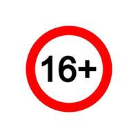 Sixteen plus icon. Number 16 in red circle isolated on white background. Age censor symbol. Movie viewing age limit label. vector