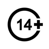 Fourteen plus icon. Number 14 in circle isolated on white background. Content age censoring symbol. Movie viewing limit label. vector
