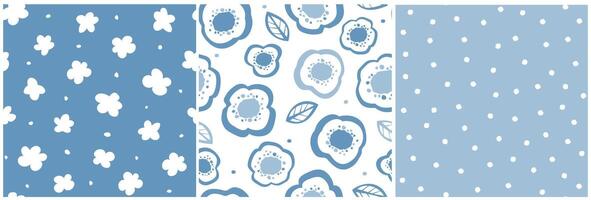 Set of seamless monochrome patterns with simple abstract silhouettes of flowers, dots. vector