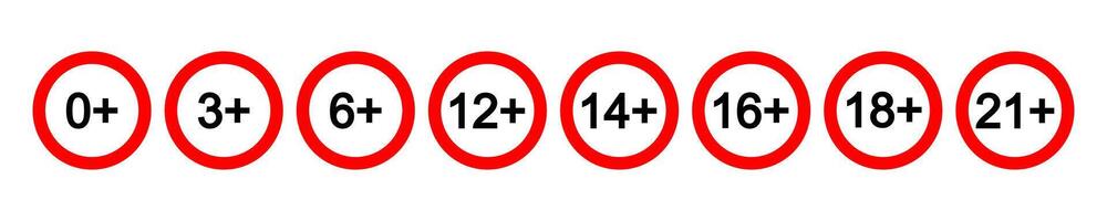 Numbers in circles with plus sign isolated on white background. Age censor symbol. Movie viewing or website visiting age limit marking. Kids allowed or adult only concept. vector
