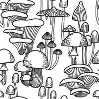 seamless pattern with mushrooms. illustration in sketch style. line print, coloring book vector