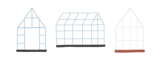 Set of hand drawn greenhouses in flat style. Garden, nature, plants. simple illustration. vector