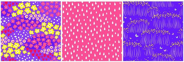 Set of seamless patterns with abstract simple different flowers in the meadow. Summer bloom print. vector