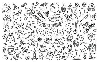Happy New year 2025. New year doodle set. Black elements isolated on white background. vector