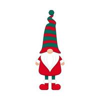 Christmas gnome in striped cap festive red boots. Greeting new years character in green hat and pants with white beard as scandinavian symbol of wealth and prosperity vector