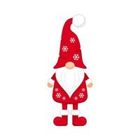 Christmas gnome in cap with snowflakes with festive red boots. Greeting new years character in hat covering his eyes with white beard scandinavian symbol of wealth and prosperity vector
