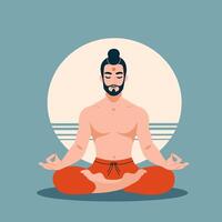 illustration of a man meditating in the lotus position with eyes closed. He has a topknot hairstyle, a beard, and is dressed in orange pants. Muslim man with beard in lotus position. vector