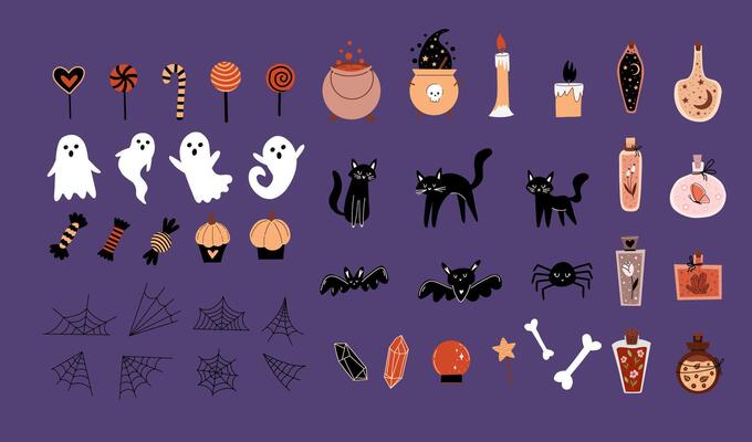 Big cute collection with halloween elements. Magic hand drawn illustration with ghosts, candies, lollipops and different potions.