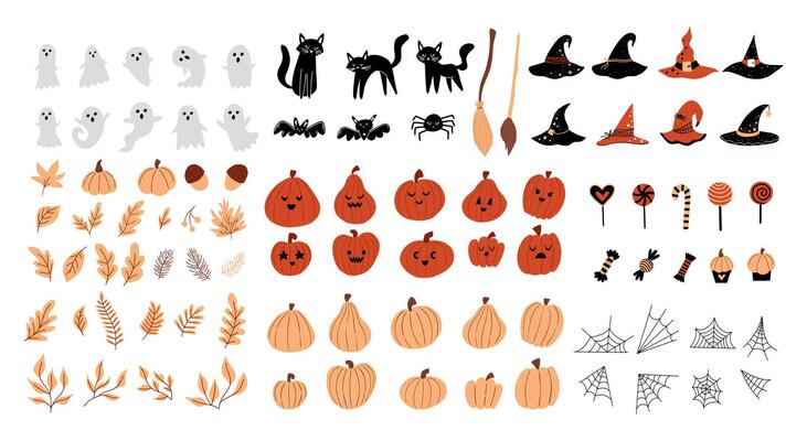 Big collection of cute and cozy autumn halloween elements hand drawn. Traditional illustration of autumn and halloween attributes ghosts, pumpkins, black cat, web, witch hats, autumn foliage