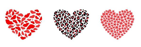 Set of silhouettes of hearts with leopard print ornament, flowers. Symbol of love in abstract form. vector