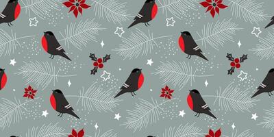 Seamless pattern with bullfinches birds on a background of frosty branches of spruce, poinsettia, stars. Winter natural print. vector