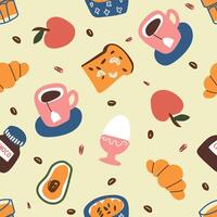 Seamless pattern with breakfast items. Hot tea, toast, croissant, avocado, egg, fruit, chocolate on a lemon background. vector
