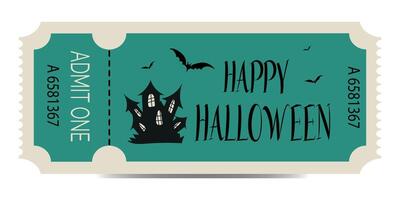 Ticket to Halloween. Festive and spooky ticket for the Halloween celebration with with bats, haunted house. Retro holiday ticket design. vector