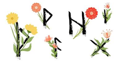 flowers and letters in the style of the Rune alphabet vector