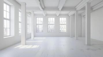 bright empty modern, new apartment with large windows and views of city buildings photo