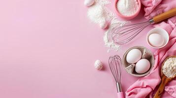top view background for baking, flour, eggs, whisk, cake spatula. pink background photo