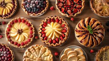 top view assortment of pies with different fruits on wooden table in a bakery photo