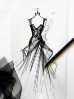 top view of a sketch of crystal evening black dress on paper on the table. minimalism photo