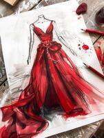 top view of a sketch of crystal evening black dress on paper on the table. minimalism photo