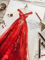 top view of a sketch of crystal evening black dress on paper on the table. minimalism photo