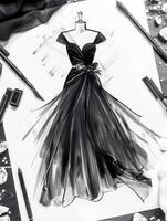 top view of a sketch of crystal evening black dress on paper on the table. minimalism photo