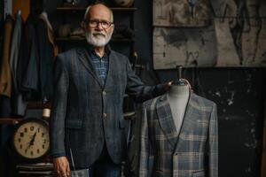 adult european man fashion designer stands with sewing mannequin. mannequin in a gray men's jacket. dark background photo