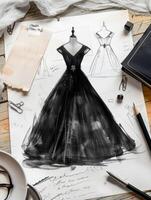 top view of a sketch of crystal evening black dress on paper on the table. minimalism photo