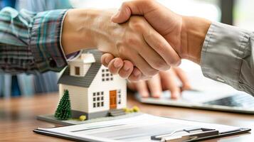 successful real estate transaction, realtor and buyer shaking hands model of house and folder with documents on table photo