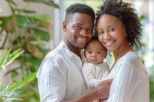 close-up portrait of a happy family with a small child in white T-shirts at home in a large bright room photo