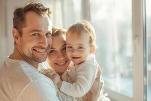 close-up portrait of a happy family with a small child in white T-shirts at home in a large bright room. space for text, white background photo