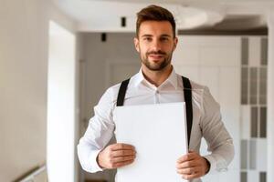 handsome real estate agent holds a folder in hands and shows an empty apartment, empty space for text photo