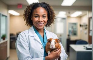 image of a handsome smiling veterinarian holding a cute guinea pig in his hands in a veterinary clinic. caring for the health of pets photo