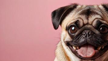 portrait of a cute pug on a pink background. close-up portrait of a happy pet photo