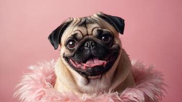 portrait of a cute pug on a pink background. close-up portrait of a happy pet photo