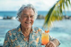 portrait of a handsome elderly man enjoying his holiday on the seashore with a tropical cocktail photo