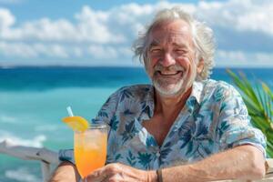 portrait of a handsome elderly man enjoying his holiday on the seashore with a tropical cocktail photo