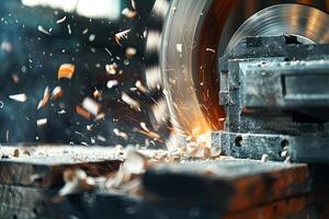 A close-up of a silver circular saw cuts a wooden block, chips fly in different directions photo