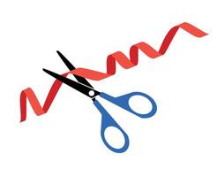 Scissors cutting red ribbon on a white background. Ceremony ribbon cut icon. Flat design style. vector